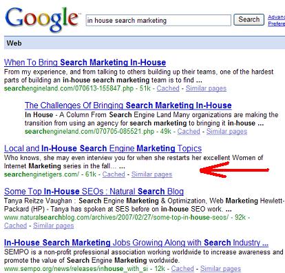 Google results for in house search marketing